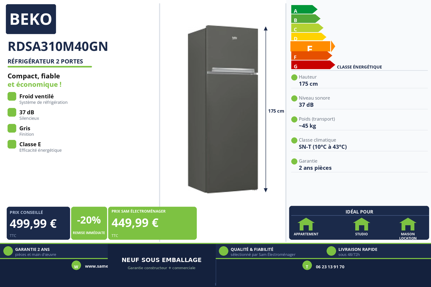 Vignette Réfrigérateur 2 Portes Beko RDSA310M40GN