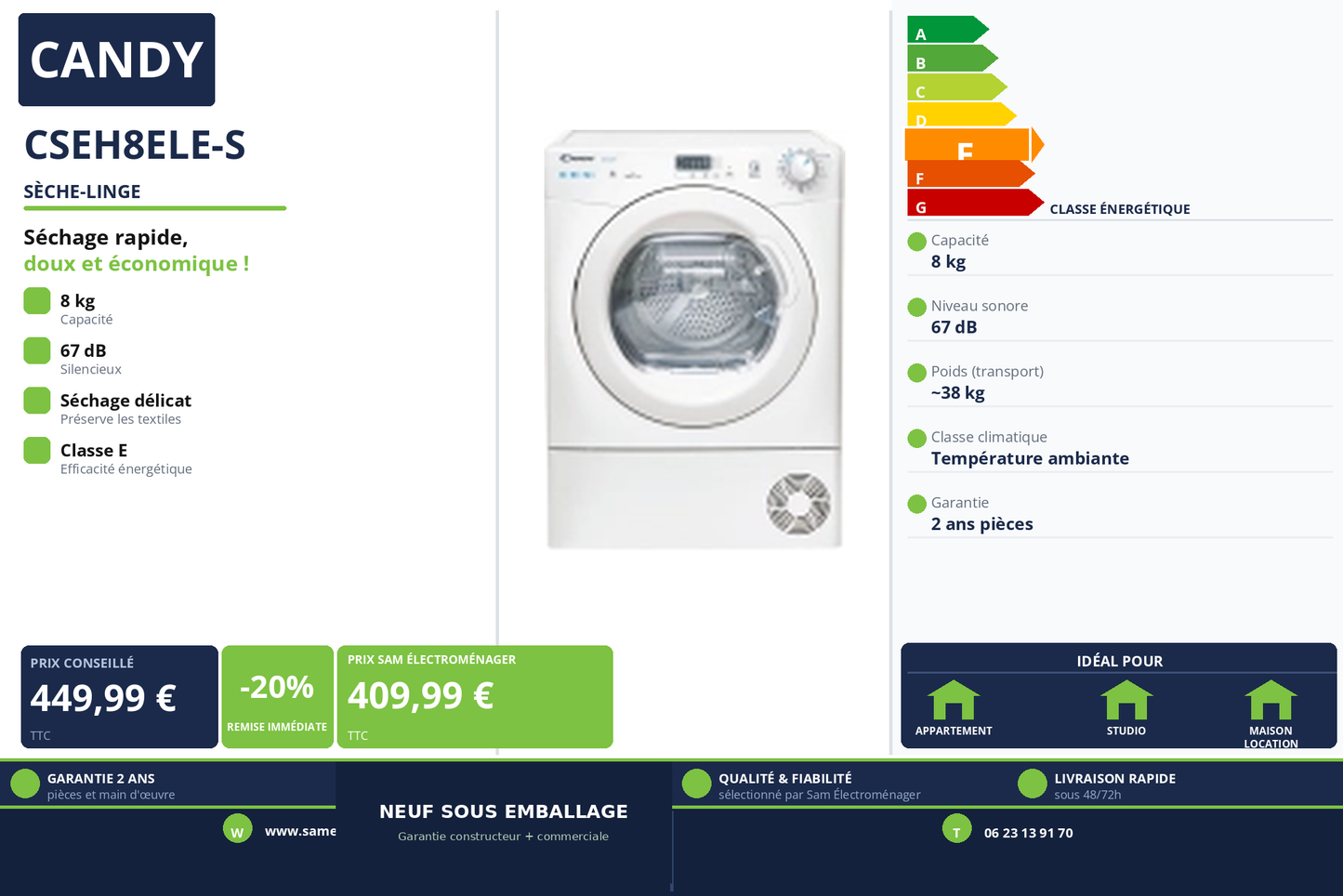 Vignette Sèche-Linge Candy CSEH8ELE-S