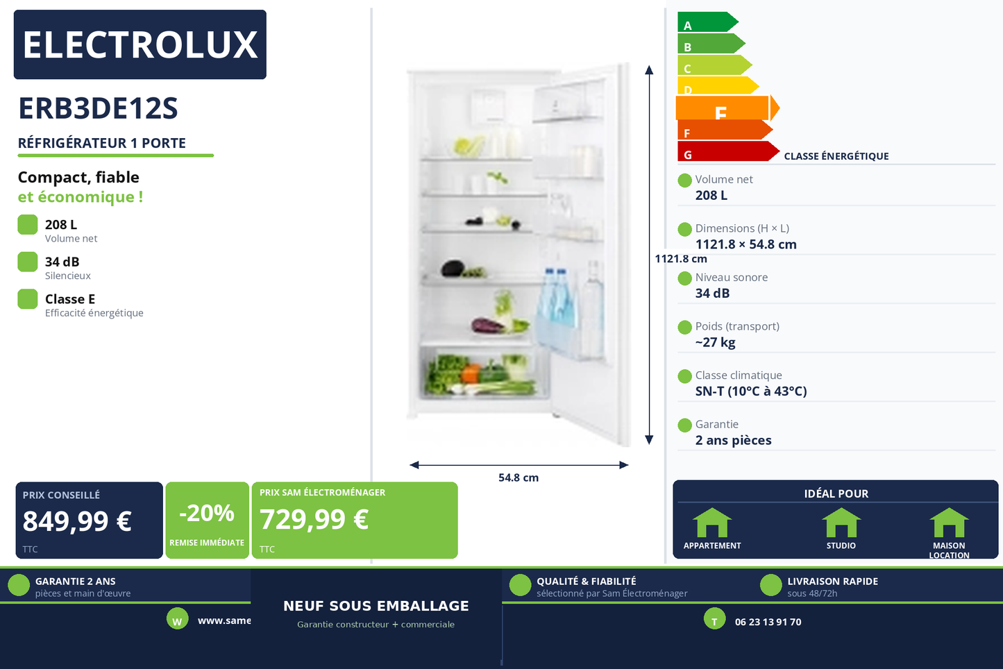 Vignette Réfrigérateur 1 Porte Electrolux ERB3DE12S