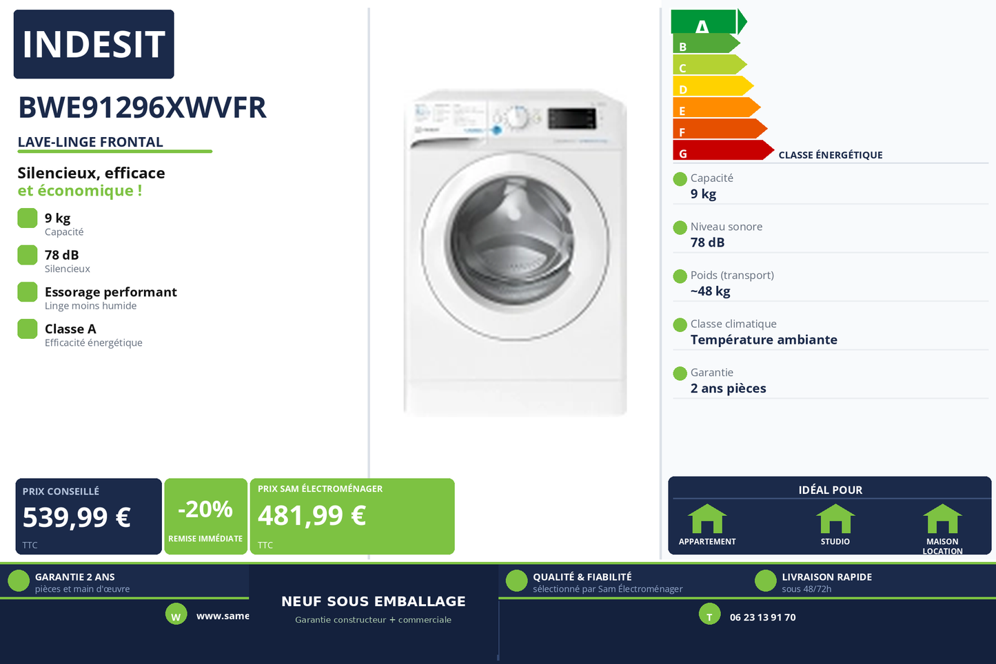 Vignette Lave-Linge Frontal Indesit BWE91296XWVFR