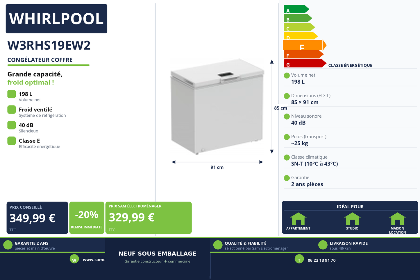 Vignette Congélateur Coffre Whirlpool W3RHS19EW2