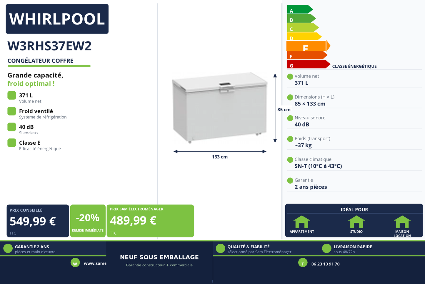 Vignette Congélateur Coffre Whirlpool W3RHS37EW2