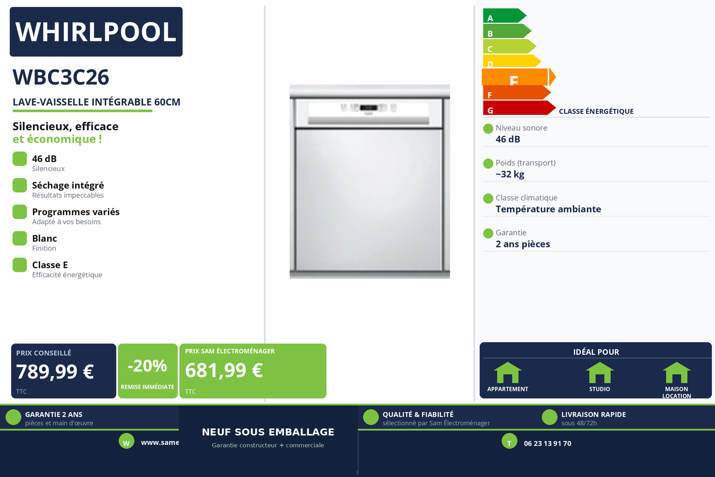 Vignette Lave-Vaisselle Intégrable 60Cm Whirlpool WBC3C26