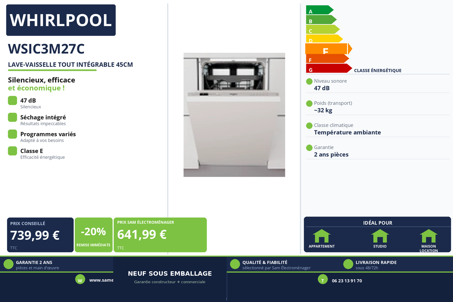 Vignette Lave-Vaisselle Tout Intégrable 45Cm Whirlpool WSIC3M27C