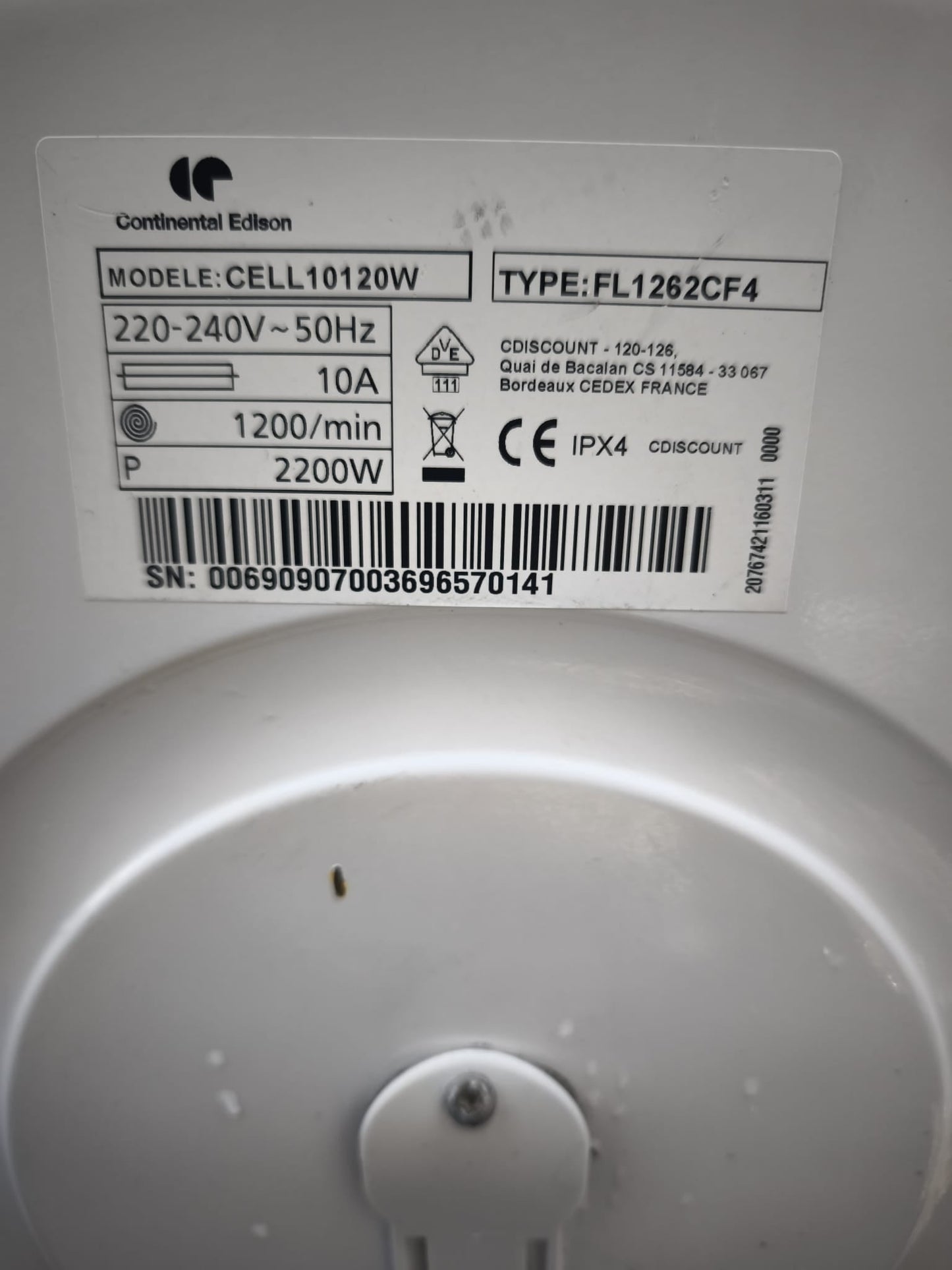 Lave-linge Continental Edison CELL10120W