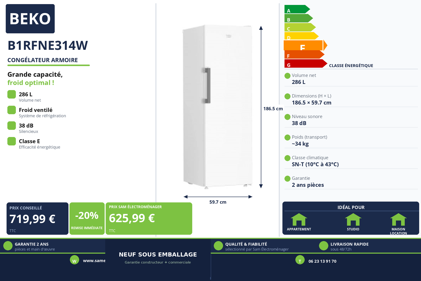 Vignette Congélateur Armoire Beko B1RFNE314W