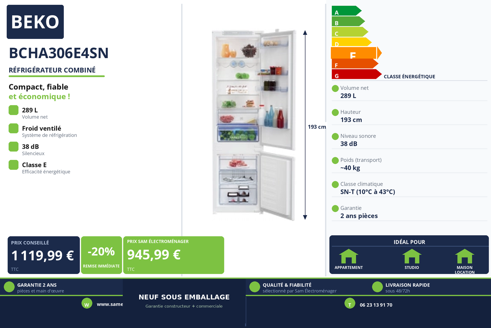 Vignette Réfrigérateur Combiné Beko BCHA306E4SN