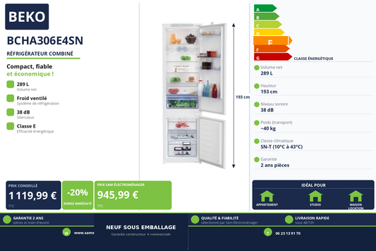 Vignette Réfrigérateur Combiné Beko BCHA306E4SN