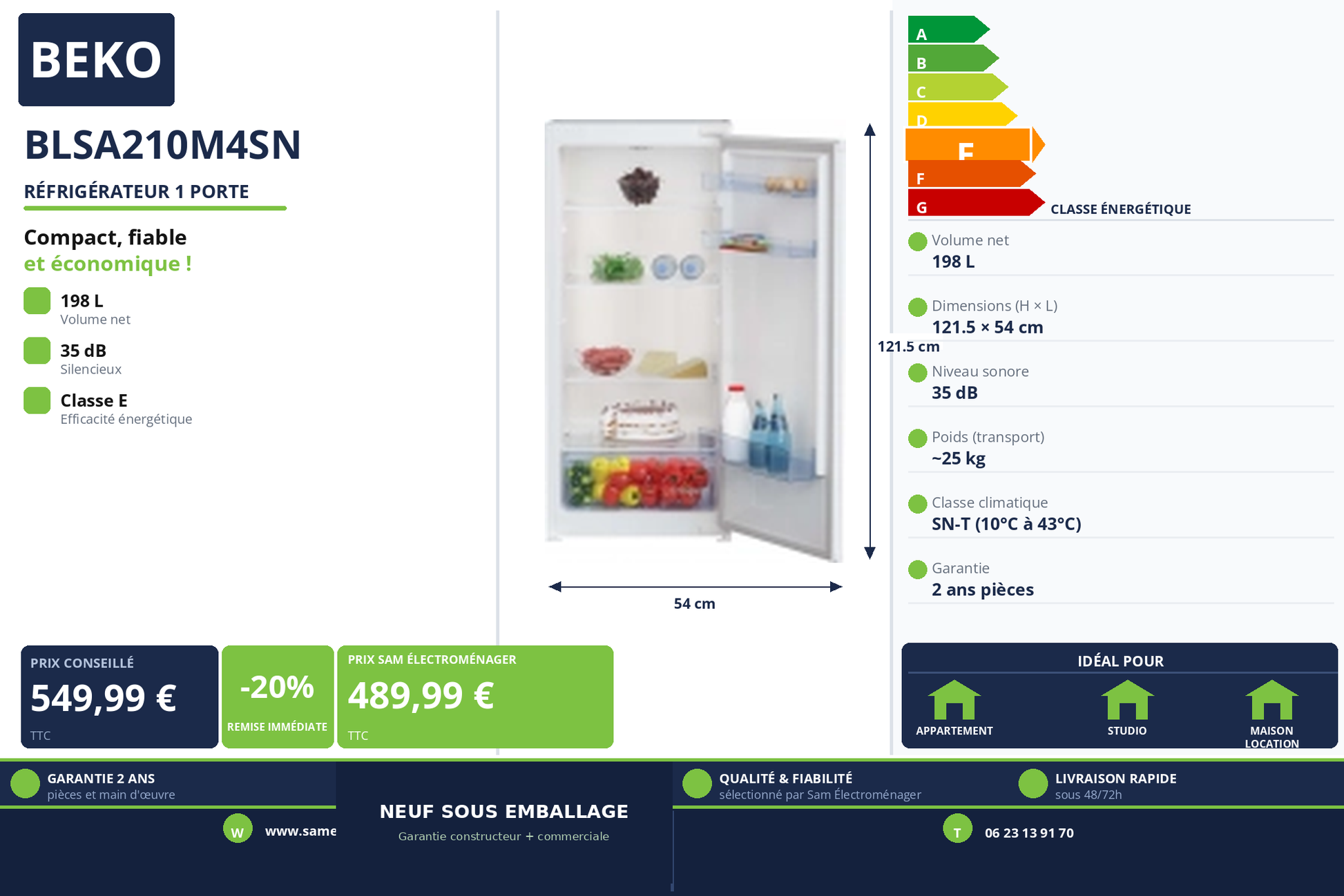 Vignette Réfrigérateur 1 Porte Beko BLSA210M4SN