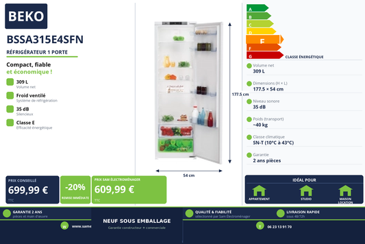 Vignette Réfrigérateur 1 Porte Beko BSSA315E4SFN