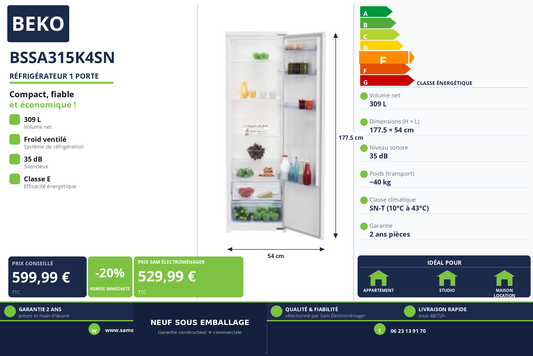 Vignette Réfrigérateur 1 Porte Beko BSSA315K4SN