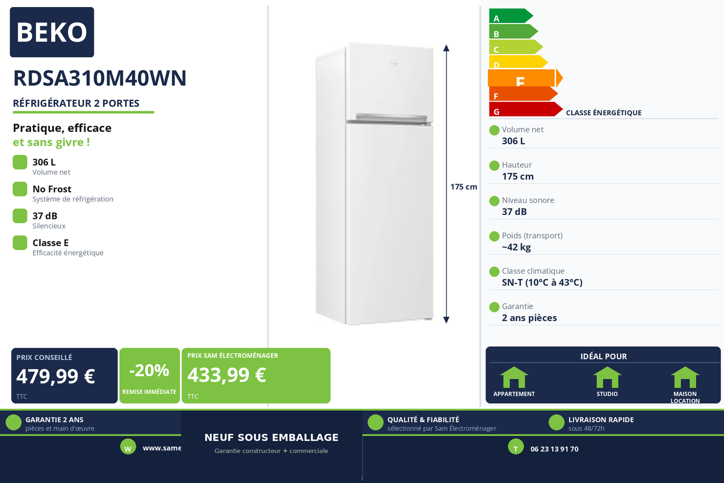 Vignette Réfrigérateur 2 Portes Beko RDSA310M40WN