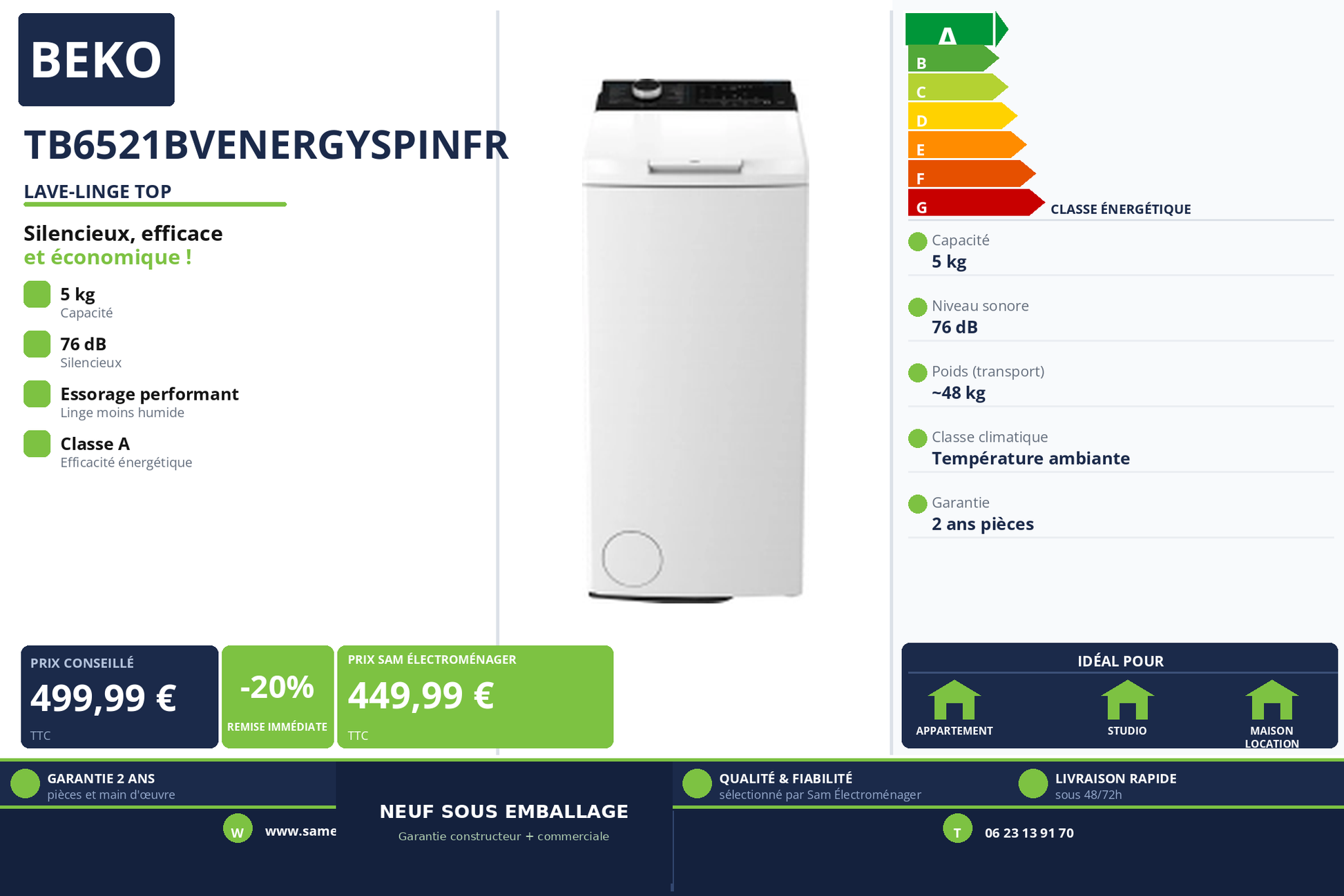 Vignette Lave-Linge Top Beko TB6521BVENERGYSPINFR
