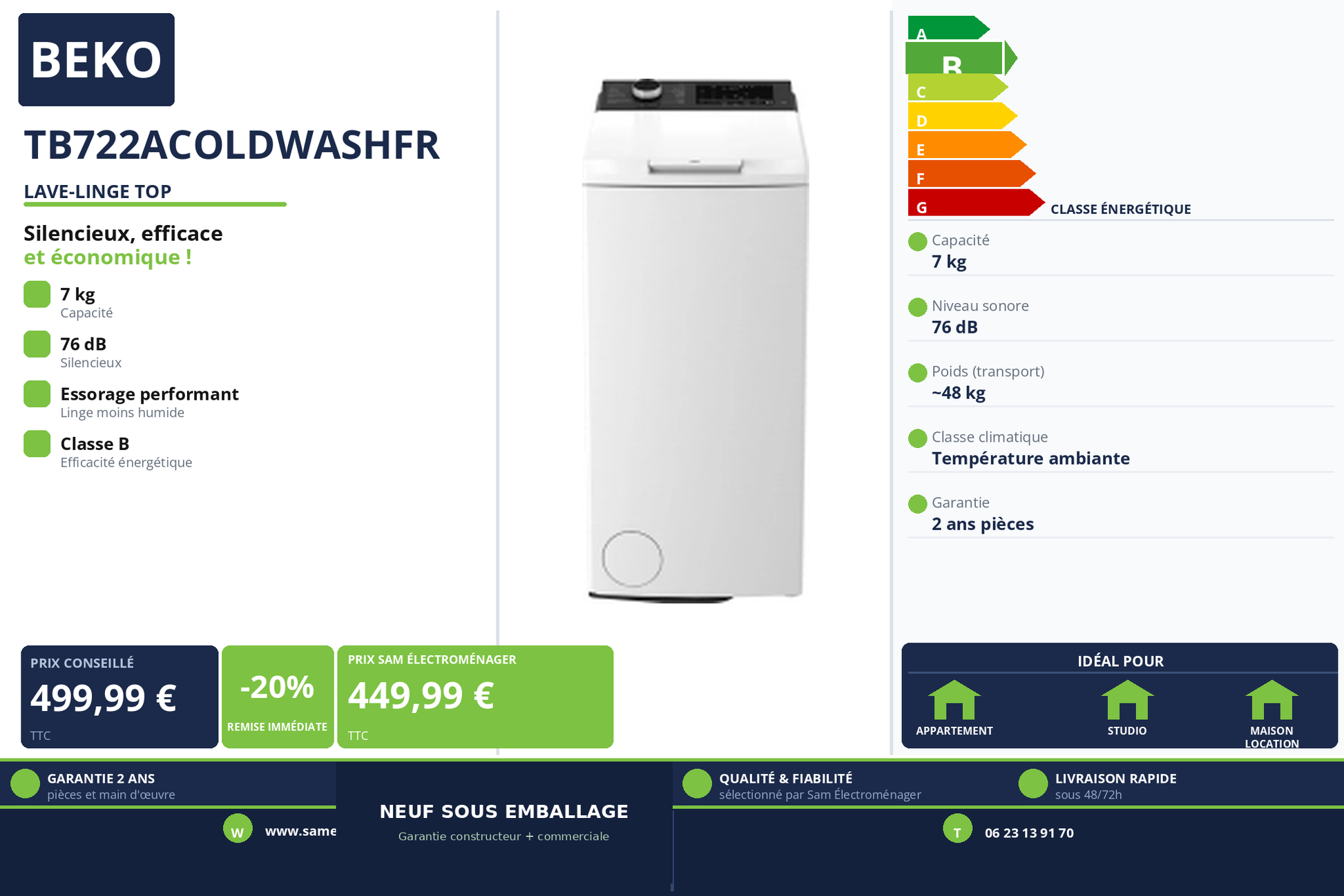Vignette Lave-Linge Top Beko TB722ACOLDWASHFR