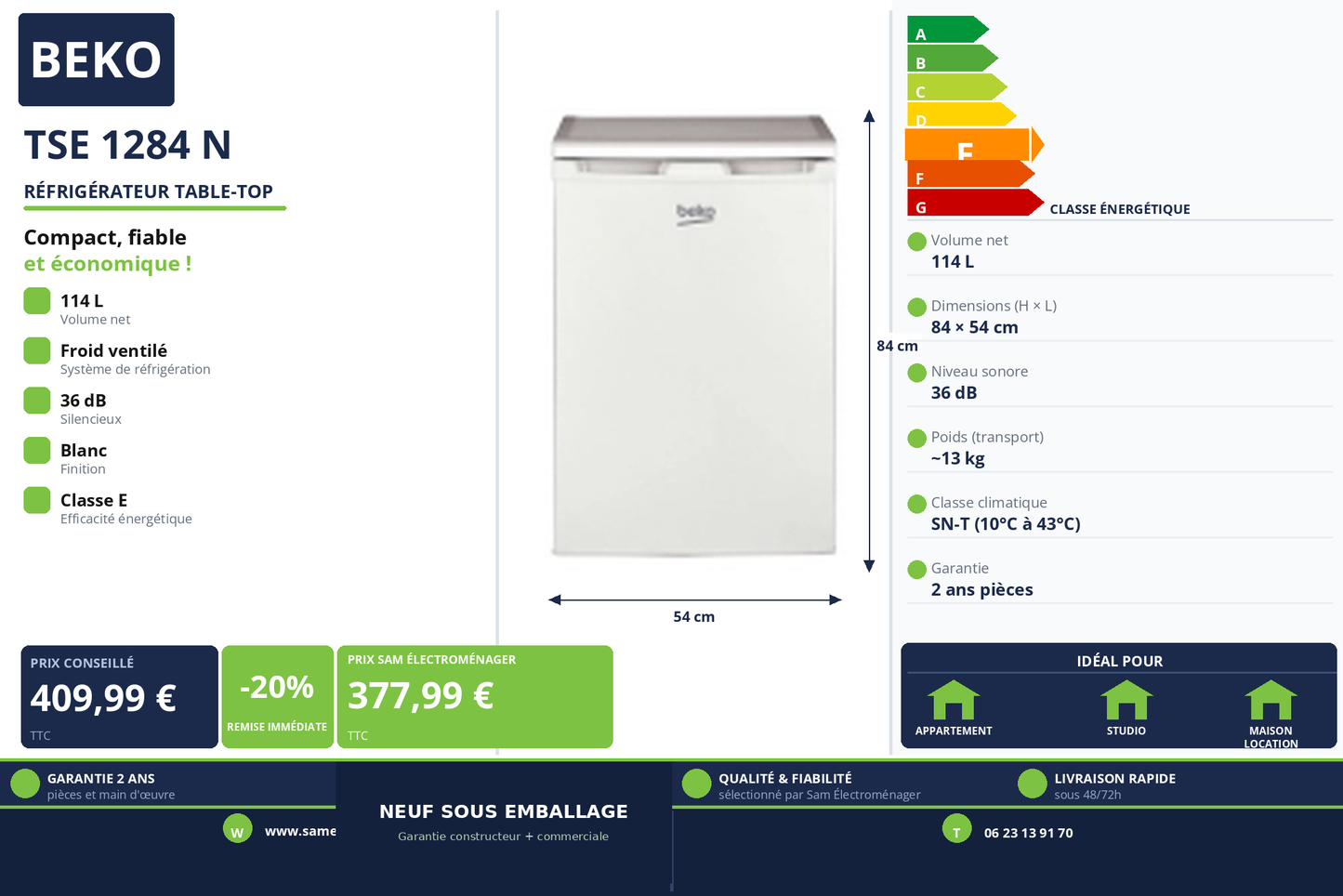 Vignette Réfrigérateur Table-Top Beko TSE 1284 N