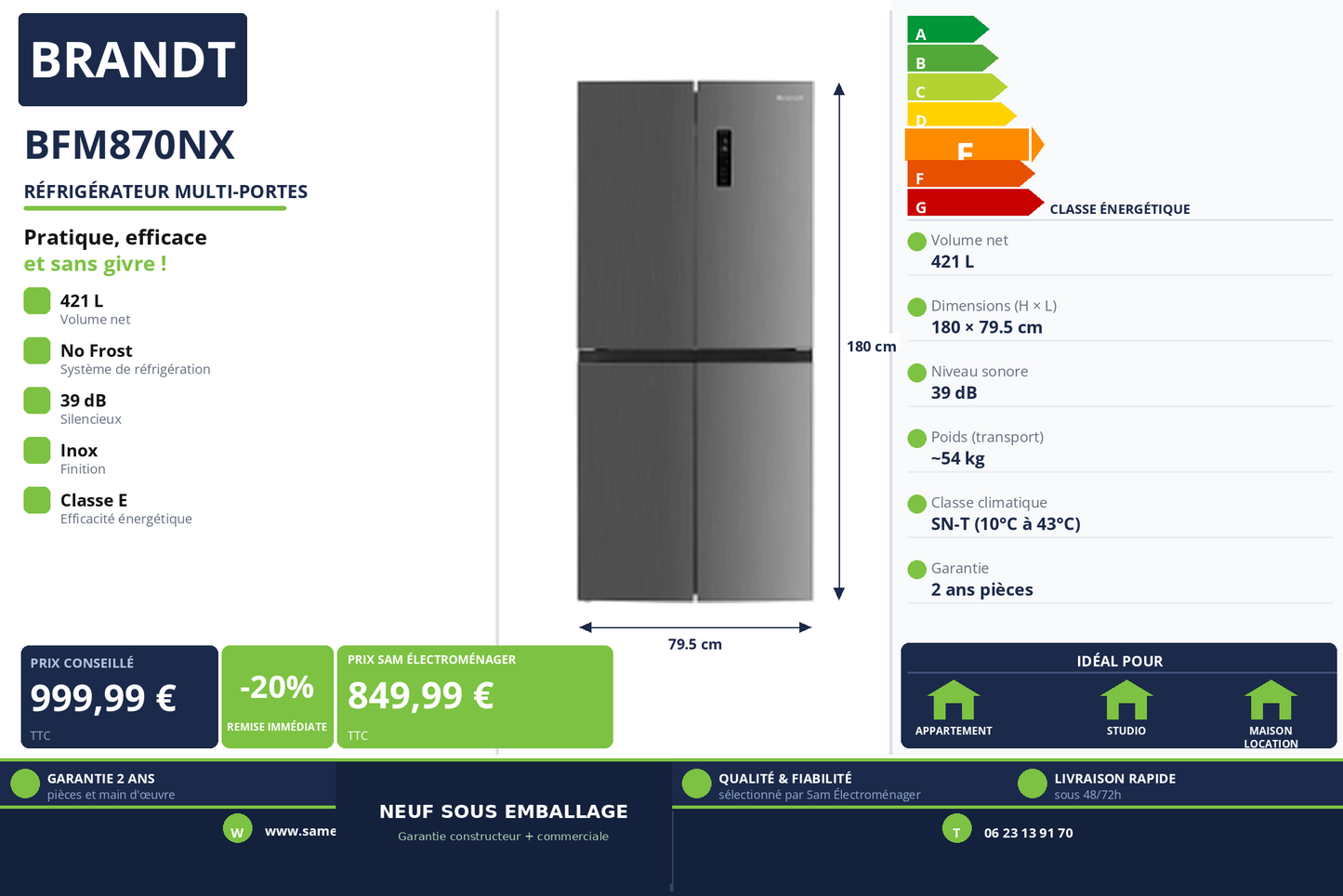 Vignette Réfrigérateur Multi-Portes Brandt BFM870NX