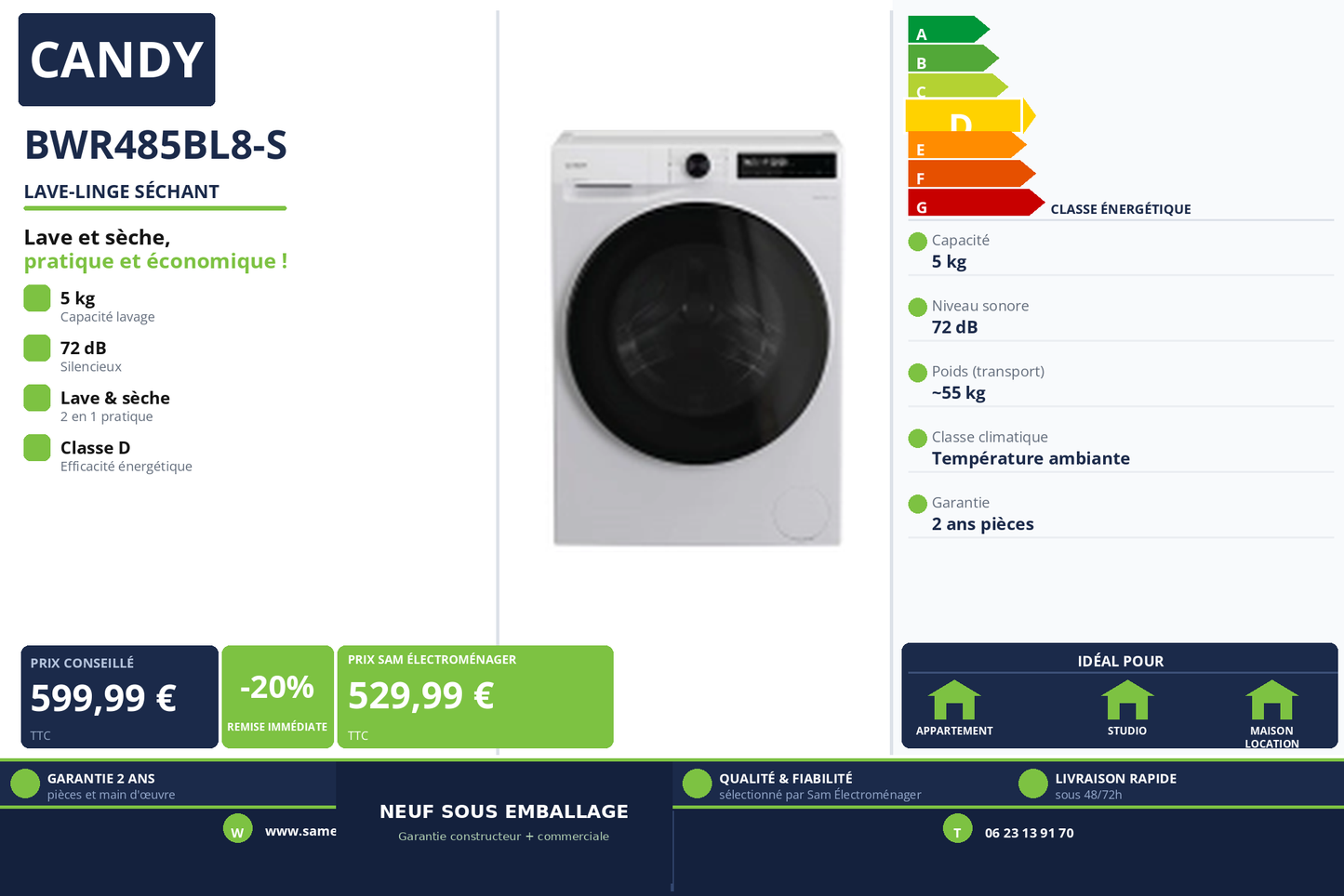 Vignette Lave-Linge Séchant Candy BWR485BL8-S