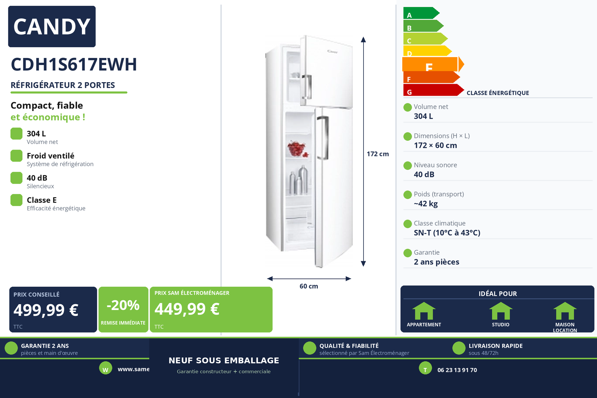 Vignette Réfrigérateur 2 Portes Candy CDH1S617EWH