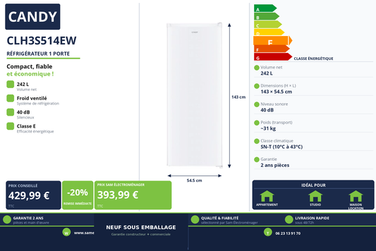 Vignette Réfrigérateur 1 Porte Candy CLH3S514EW