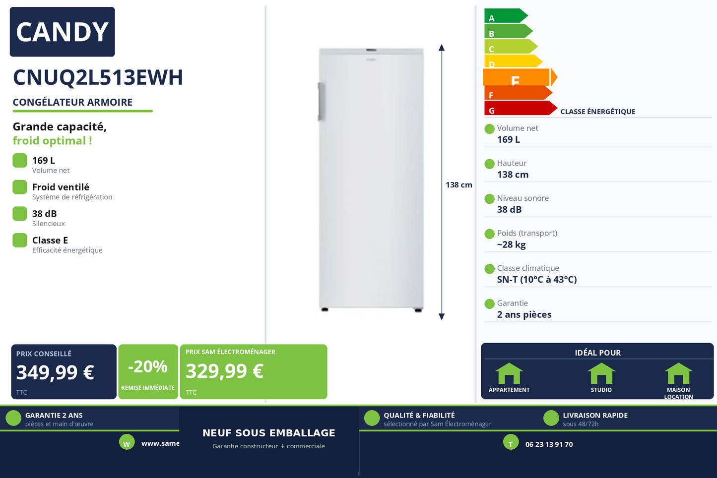 Vignette Congélateur Armoire Candy CNUQ2L513EWH