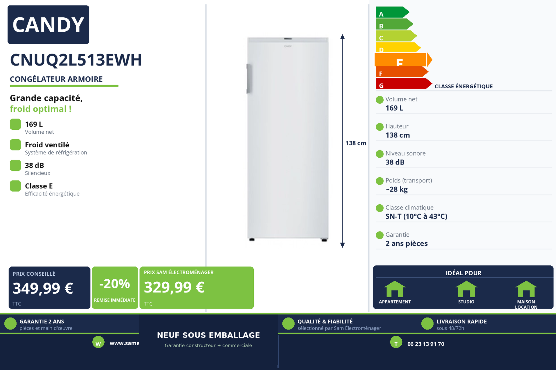Vignette Congélateur Armoire Candy CNUQ2L513EWH