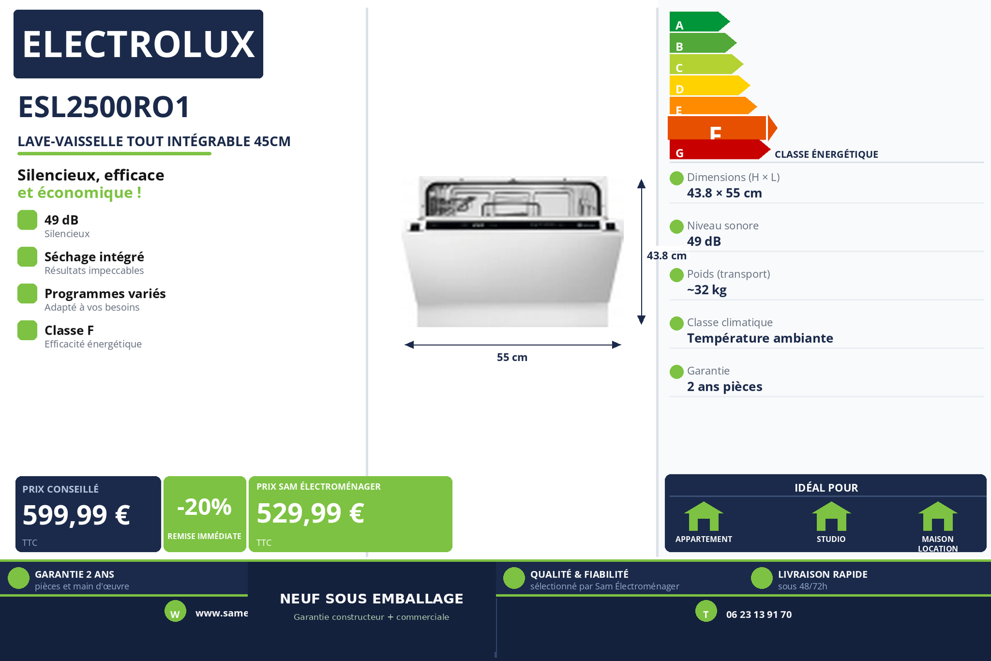 Vignette Lave-Vaisselle Tout Intégrable 45Cm Electrolux ESL2500RO1