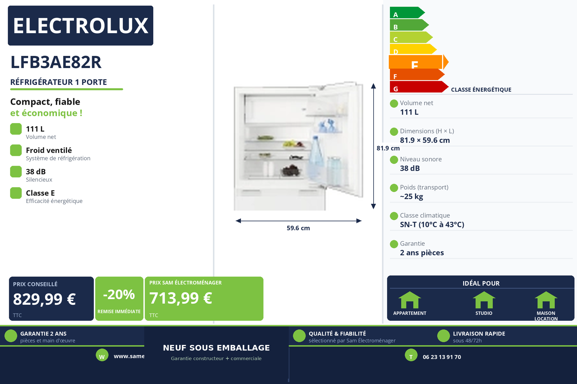 Vignette Réfrigérateur 1 Porte Electrolux LFB3AE82R