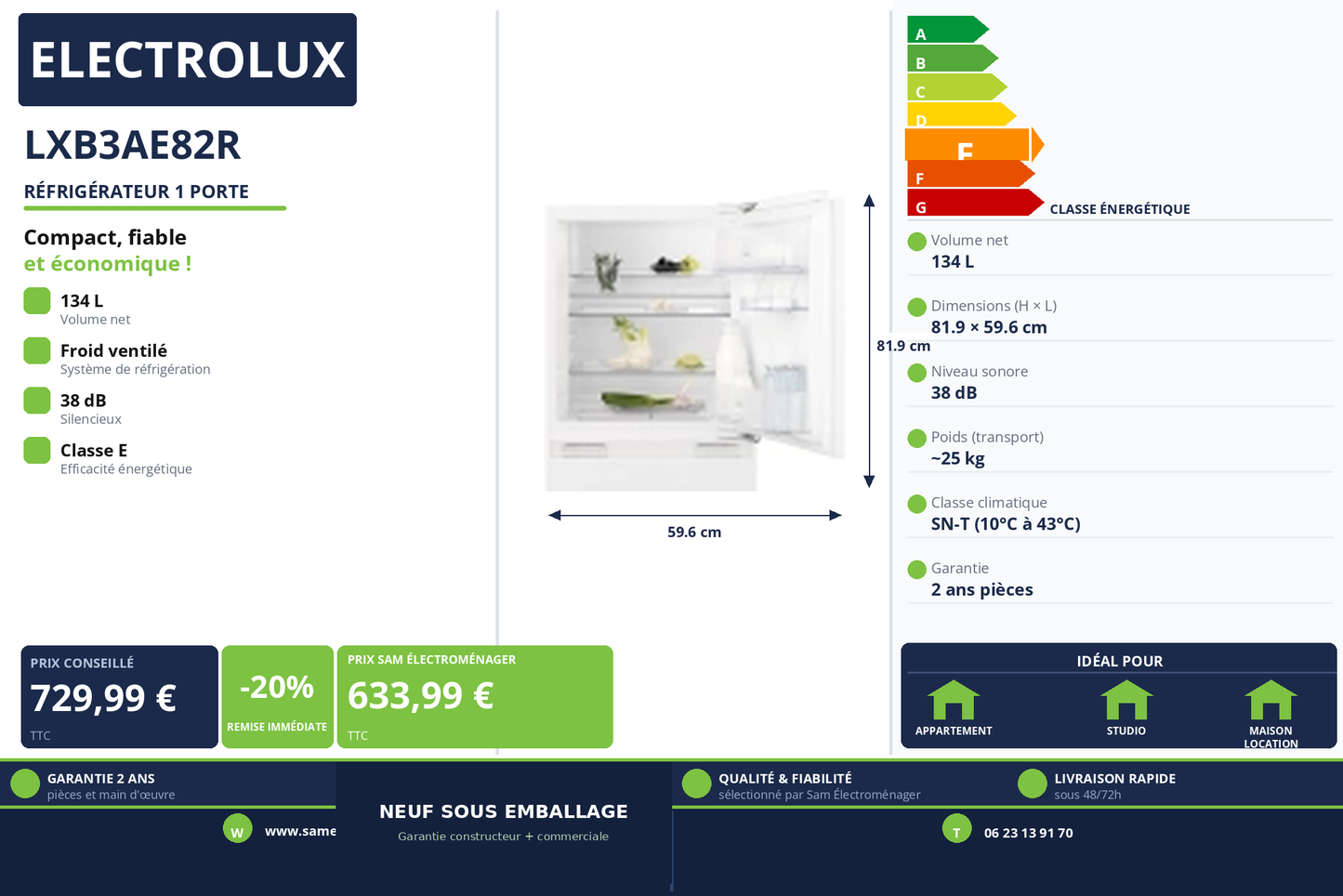 Vignette Réfrigérateur 1 Porte Electrolux LXB3AE82R
