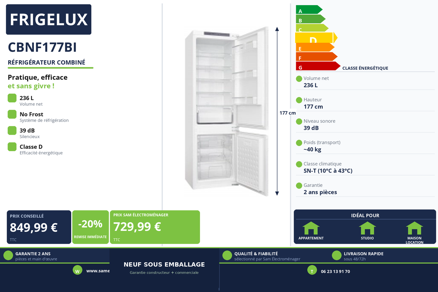 Vignette Réfrigérateur Combiné Frigelux CBNF177BI
