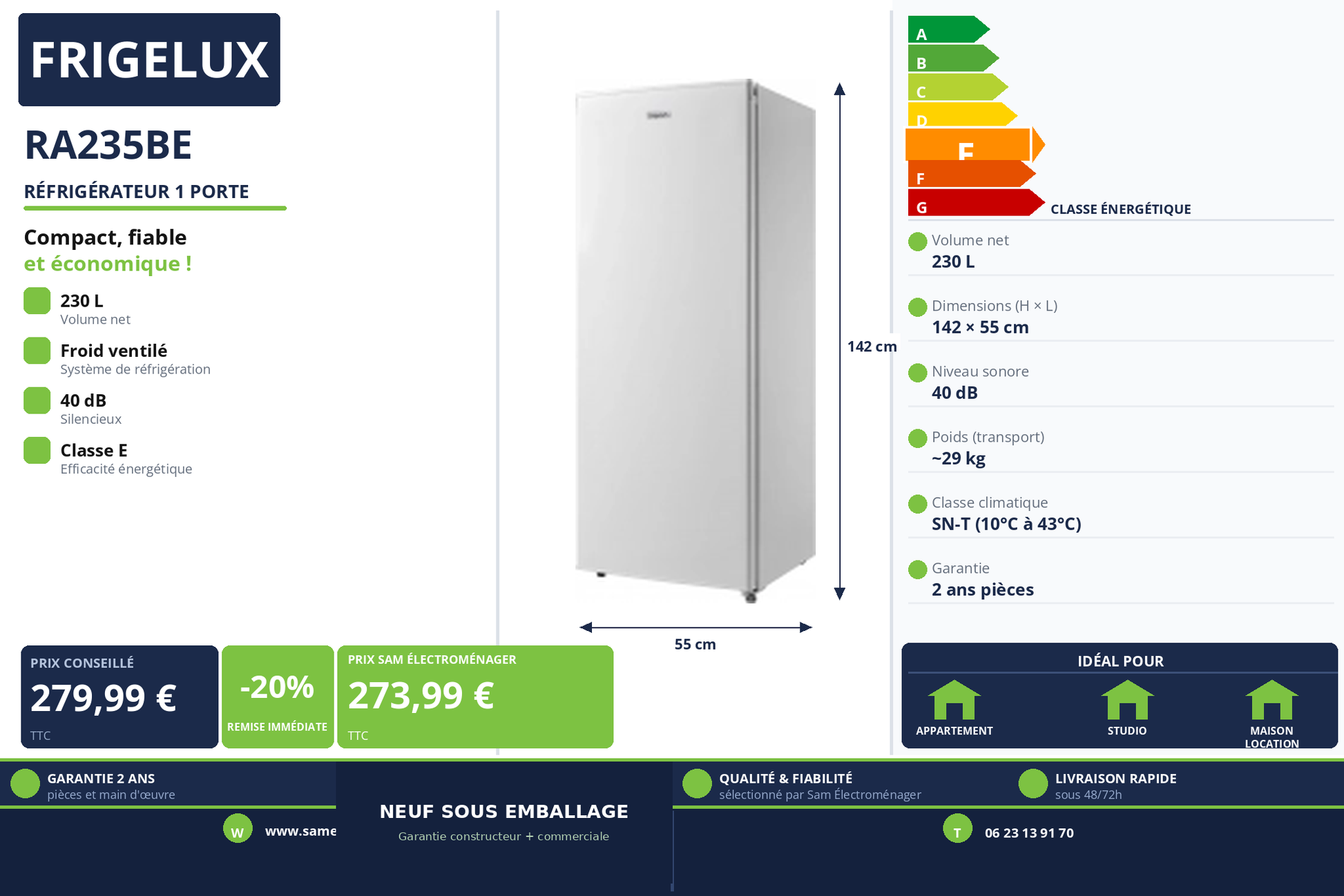 Vignette Réfrigérateur 1 Porte Frigelux RA235BE