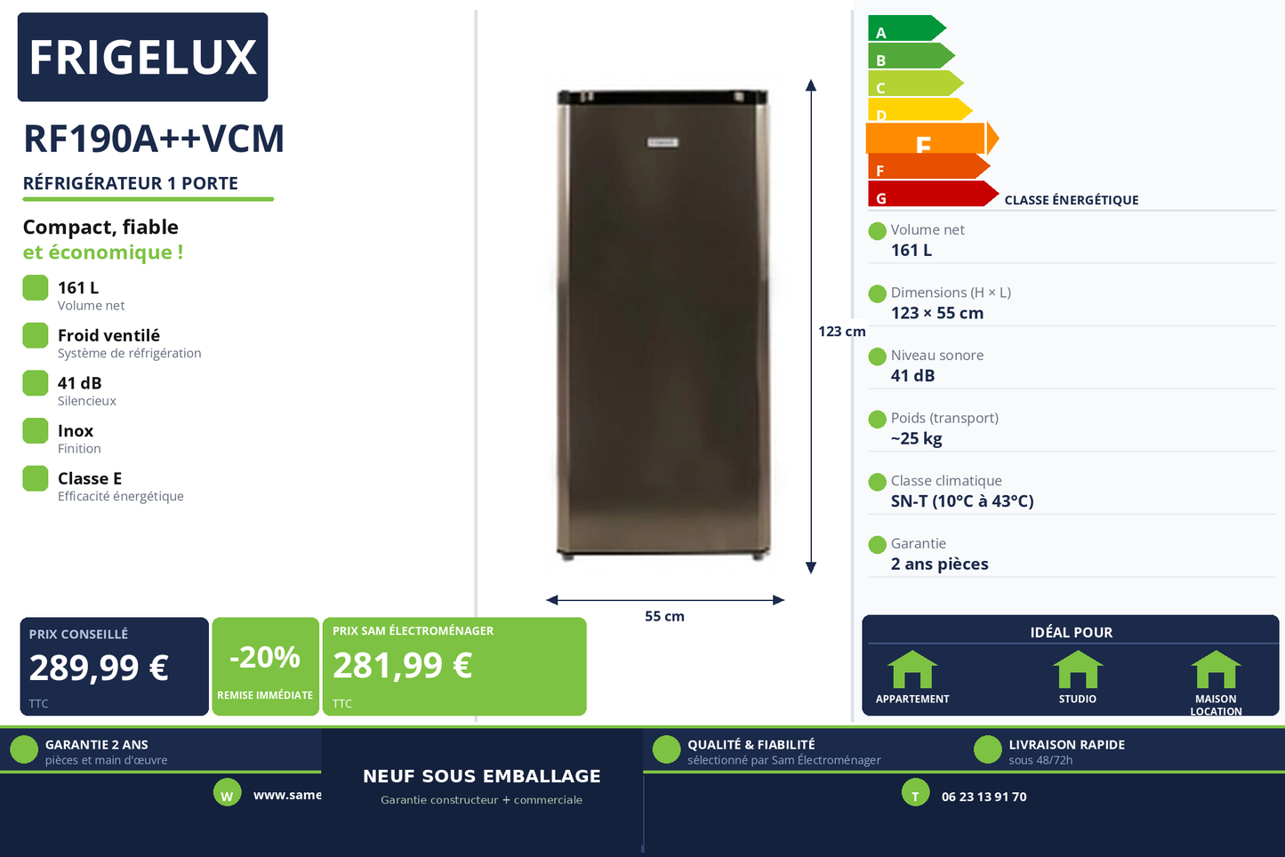 Vignette Réfrigérateur 1 Porte Frigelux RF190A++VCM