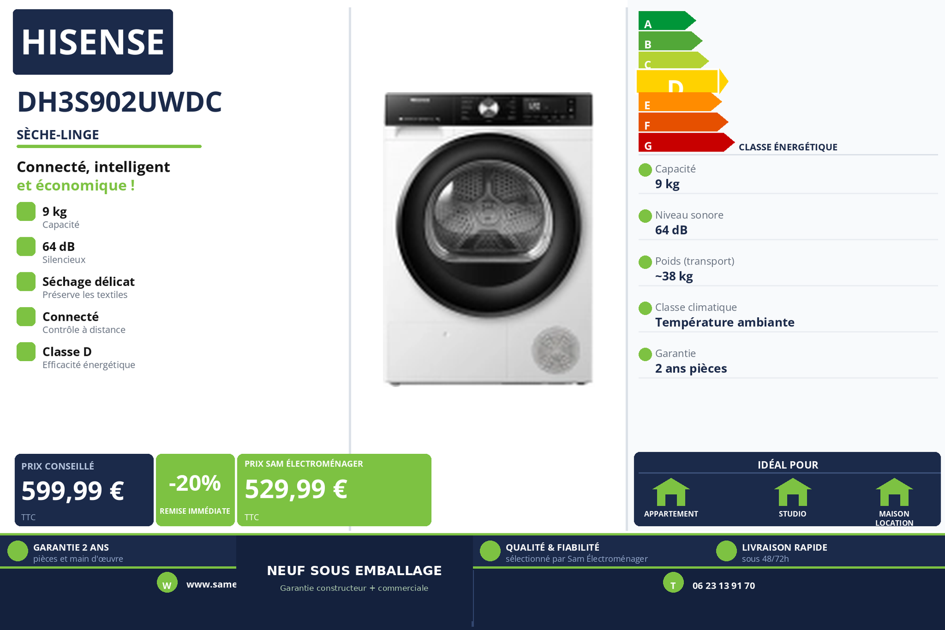 Vignette Sèche-Linge Hisense DH3S902UWDC