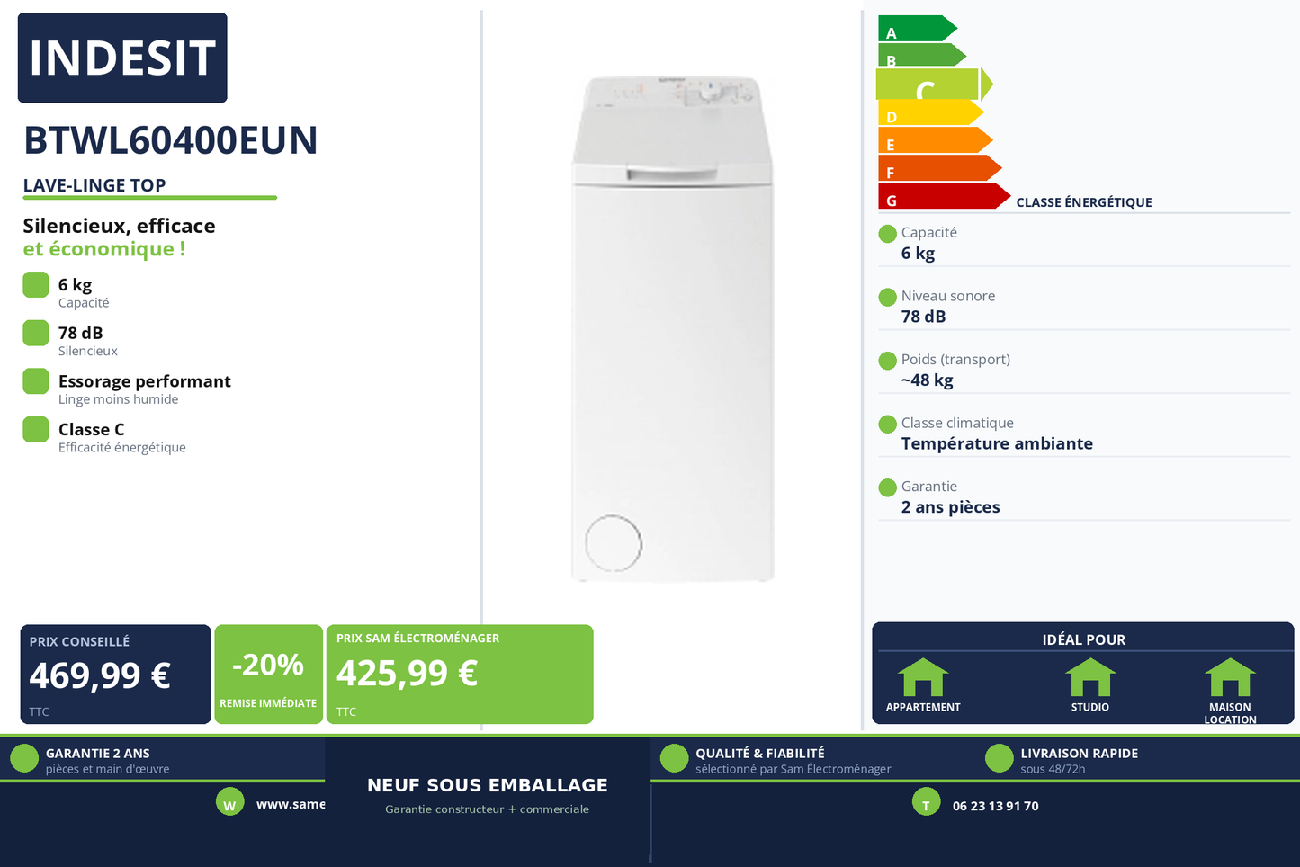 Vignette Lave-Linge Top Indesit BTWL60400EUN