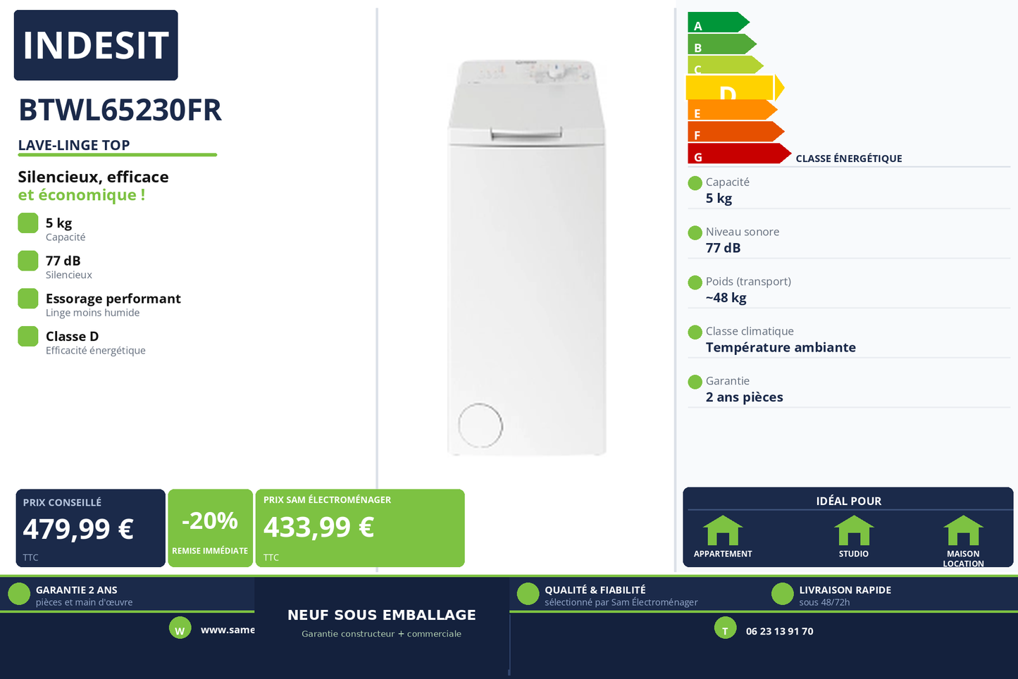 Vignette Lave-Linge Top Indesit BTWL65230FR