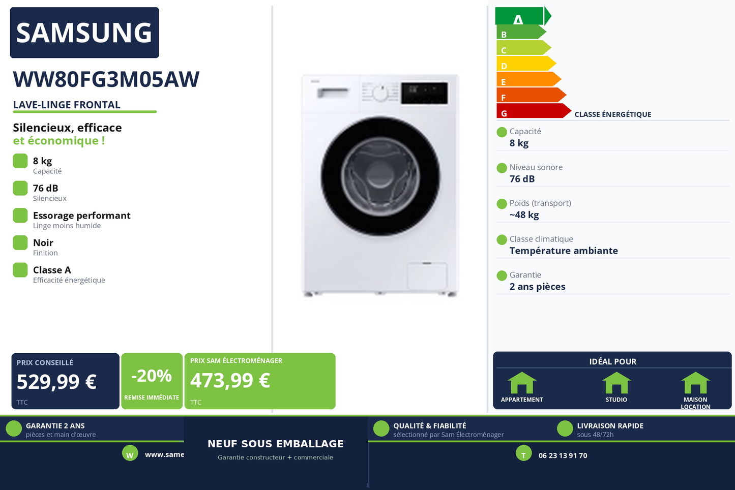 Vignette Lave-Linge Frontal Samsung WW80FG3M05AW