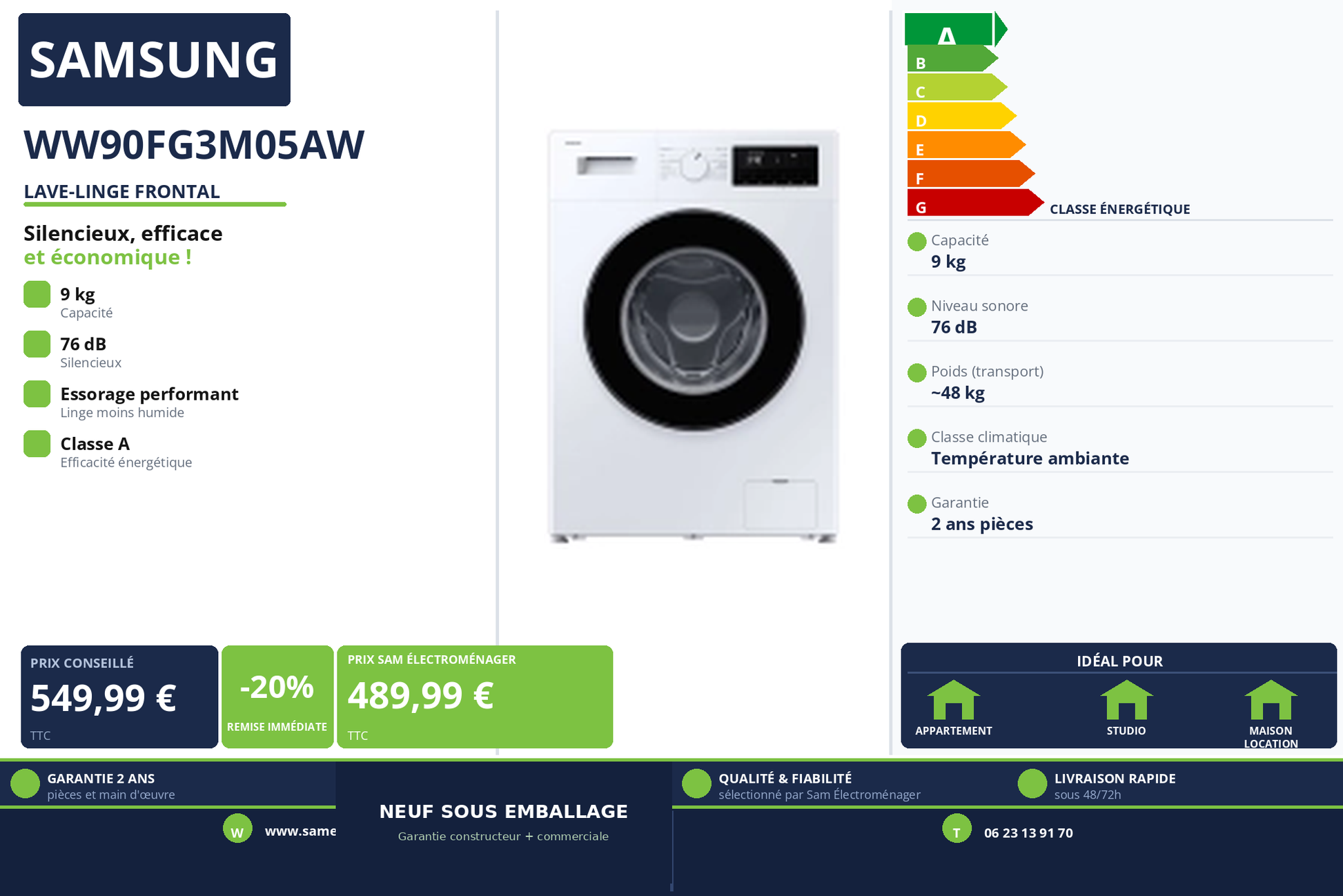 Vignette Lave-Linge Frontal Samsung WW90FG3M05AW