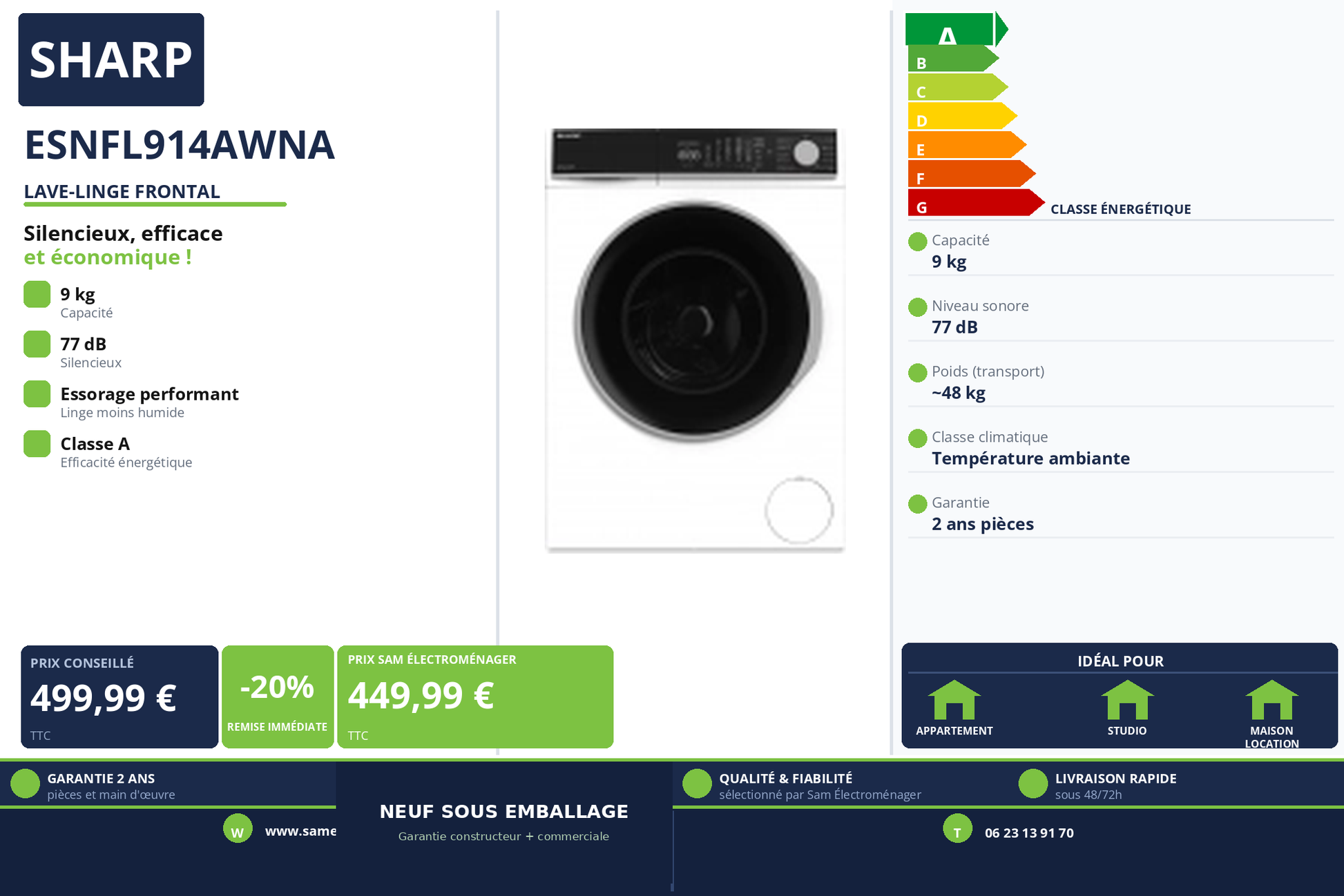 Vignette Lave-Linge Frontal Sharp ESNFL914AWNA