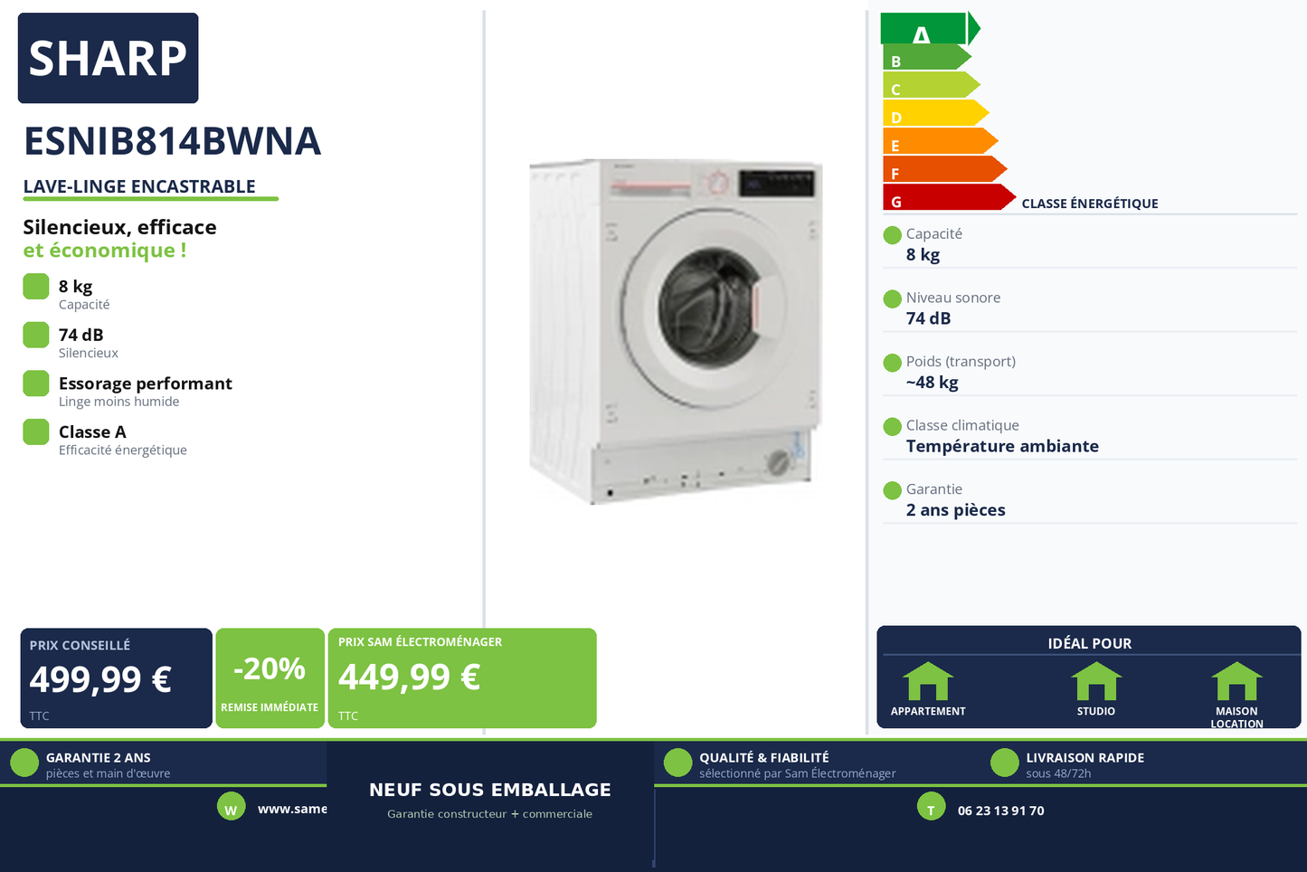 Vignette Lave-Linge Encastrable Sharp ESNIB814BWNA