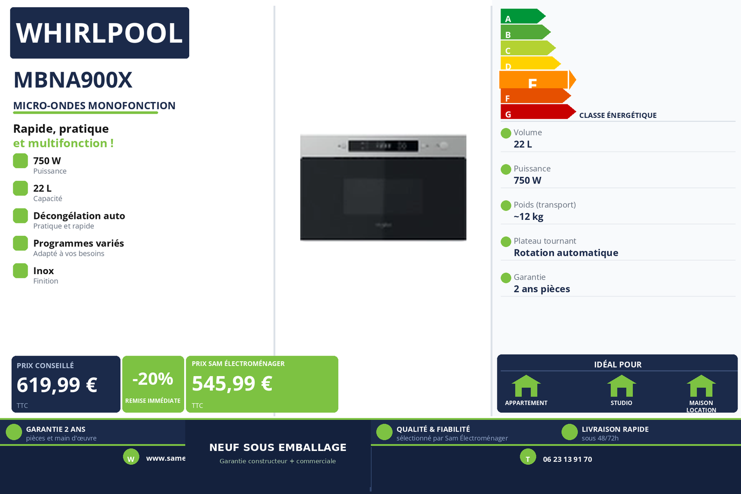 Vignette Micro-Ondes Monofonction Whirlpool MBNA900X