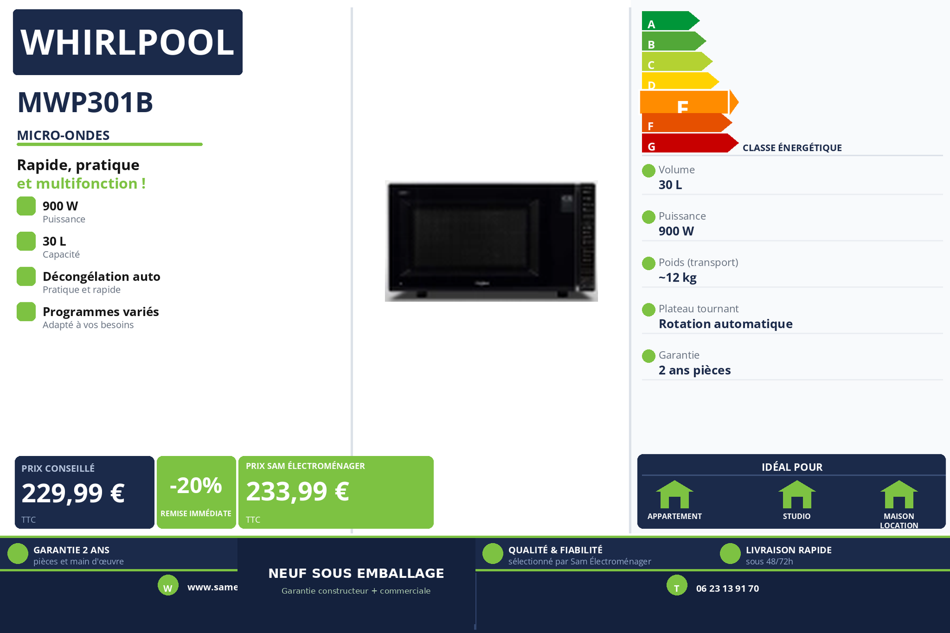Vignette Micro-Ondes Whirlpool MWP301B
