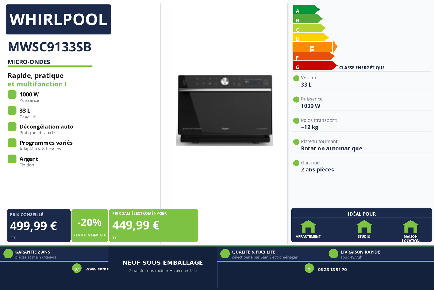 Vignette Micro-Ondes Whirlpool MWSC9133SB
