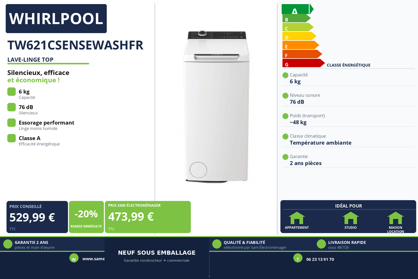 Vignette Lave-Linge Top Whirlpool TW621CSENSEWASHFR