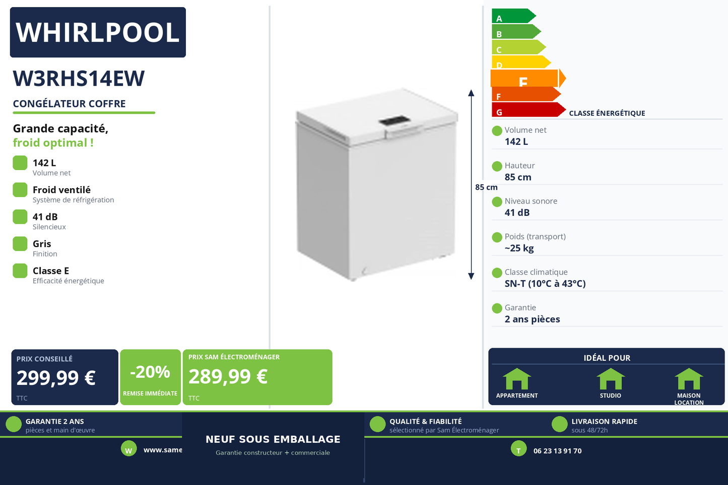 Vignette Congélateur Coffre Whirlpool W3RHS14EW