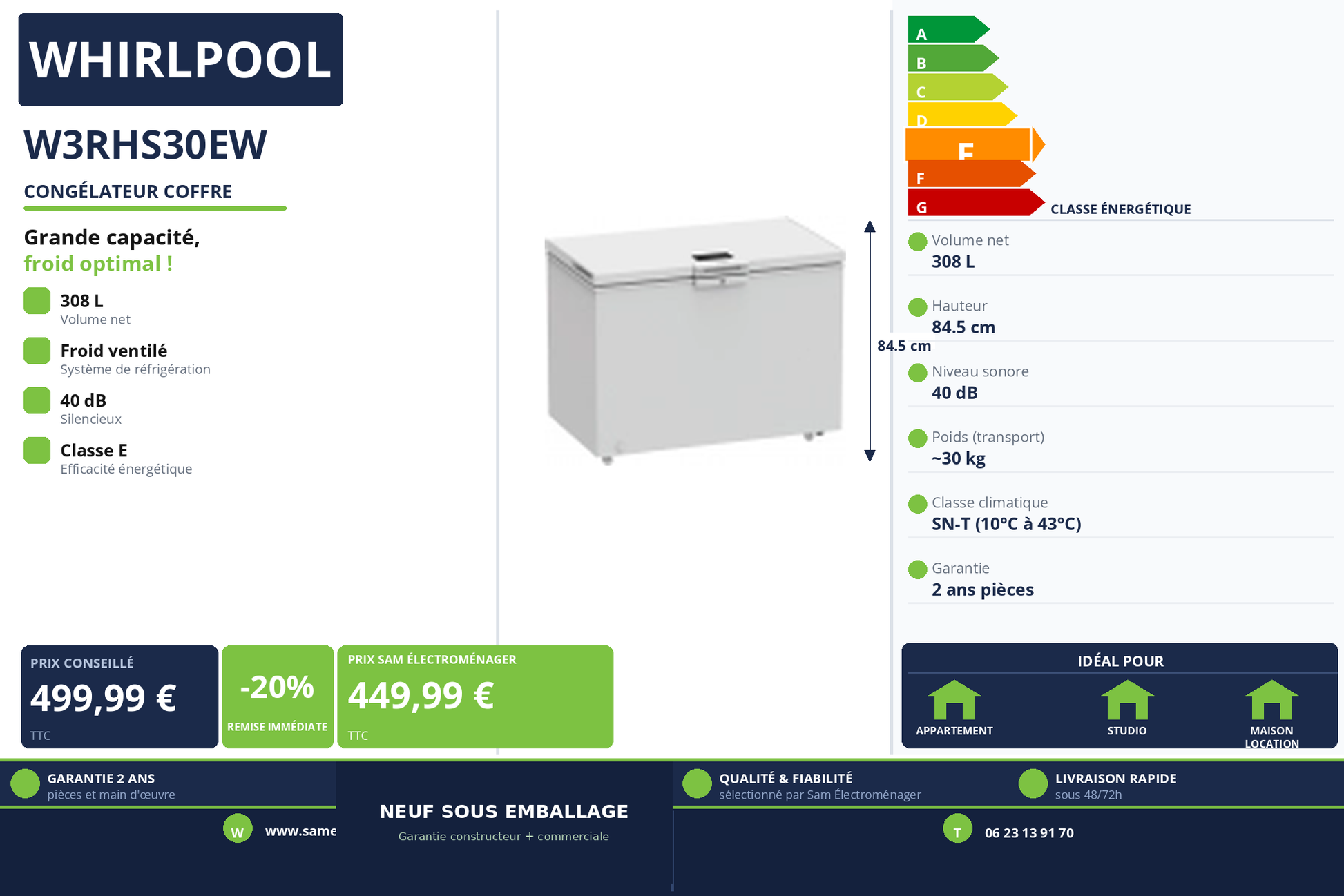 Vignette Congélateur Coffre Whirlpool W3RHS30EW