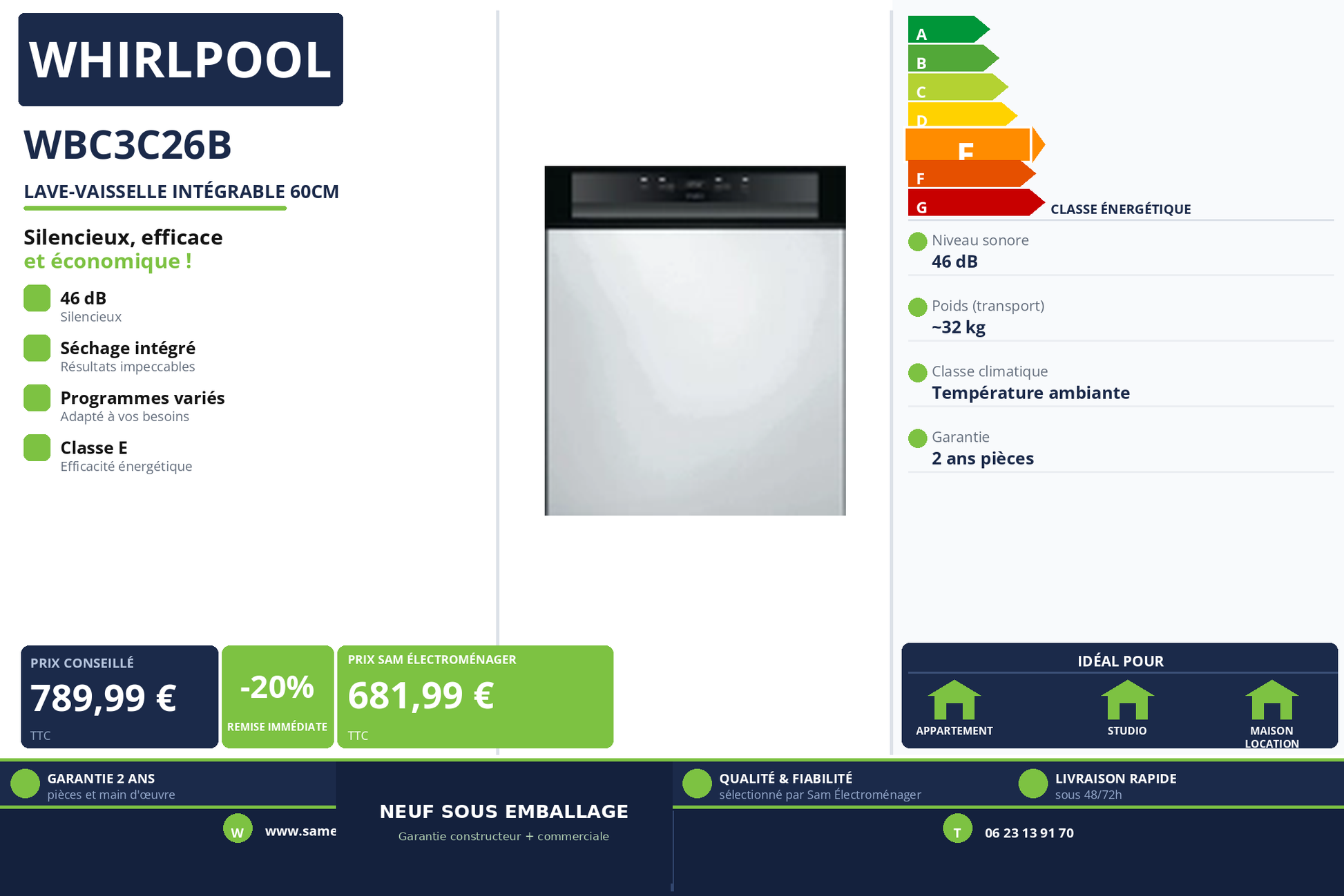 Vignette Lave-Vaisselle Intégrable 60Cm Whirlpool WBC3C26B