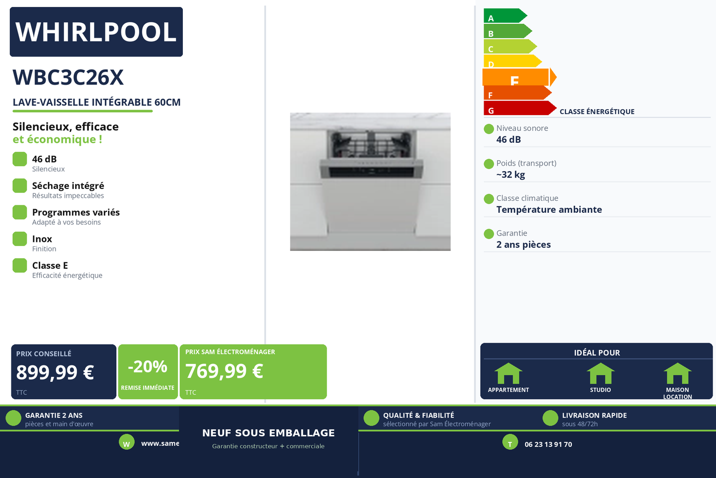 Vignette Lave-Vaisselle Intégrable 60Cm Whirlpool WBC3C26X
