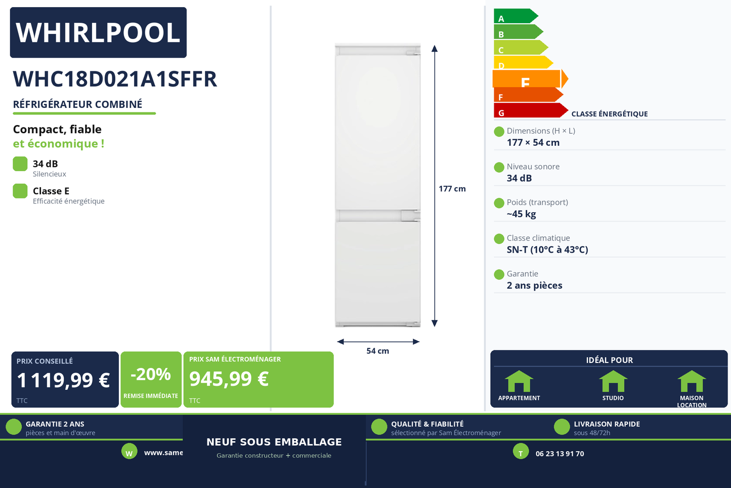 Vignette Réfrigérateur Combiné Whirlpool WHC18D021A1SFFR