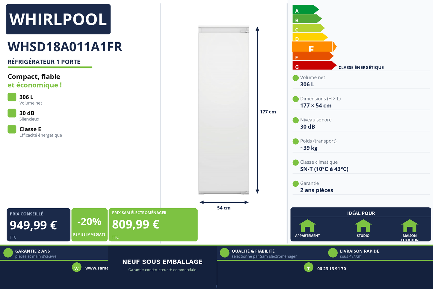 Vignette Réfrigérateur 1 Porte Whirlpool WHSD18A011A1FR