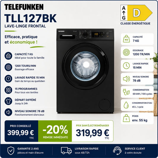 Telefunken TLL127BK – Lave-linge 7 kg 1200 tr/min - Photo 1