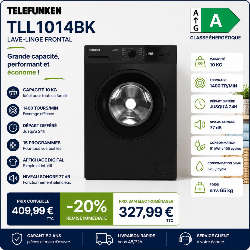 Telefunken TLL1014BK Neuf – Lave-linge 10 kg 1400 tr/min - Photo 1